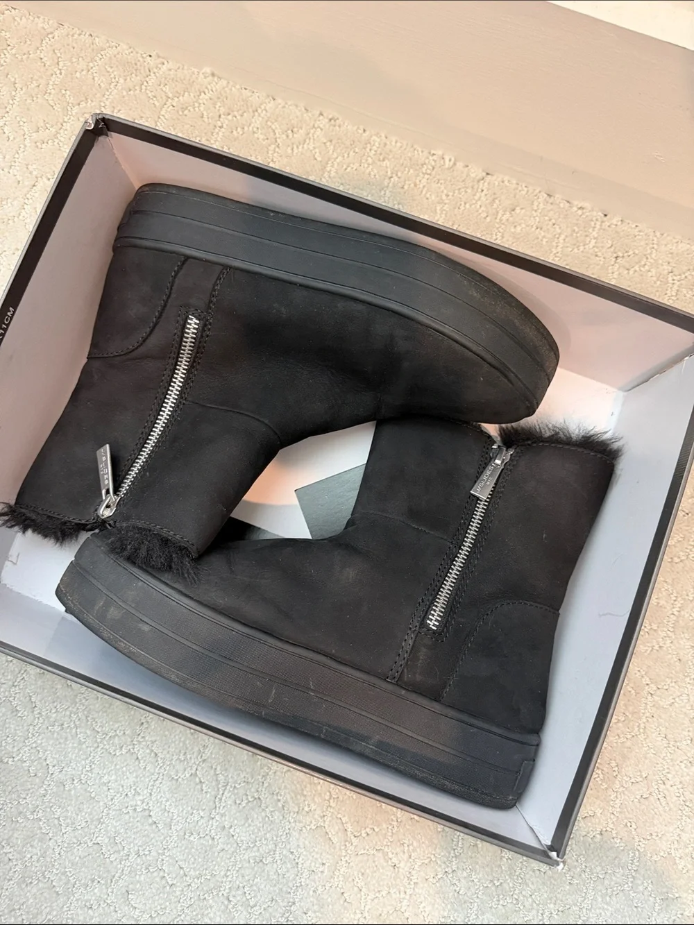 J/SLIDES Black Suede Fur-Trim Platform Ankle Boots